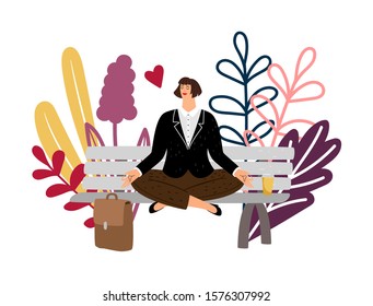Lunch for yoga. Business woman meditates, creative coffee break time. Keep calm, relaxation isolated vector concept