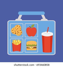 Lunchbox with apple, coockies, potatoes fries, beverage and burger vector