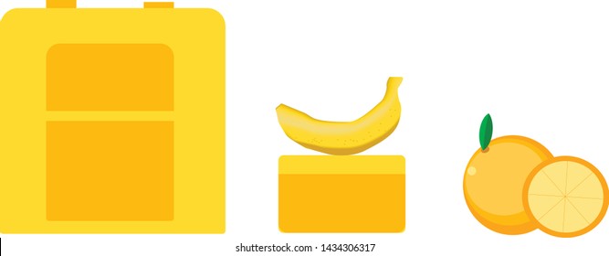 lunchbox with a backpack for the children, banana, and orange for lunch. RAW and vegan food. Orange colors image. healthy fruits for food 