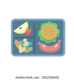 Lunchbox with burger, fruits, cookies and apple, isolated on white background.