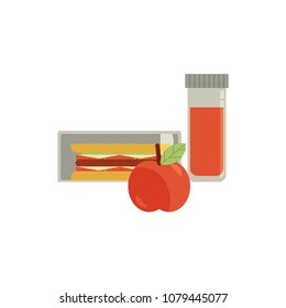 Lunchbox with cheese sandwich, tomato slices, apple fruit and drink in bottle for school or work. Dinner lunch container with snacks, meals homemade food. Vector isolated illustration
