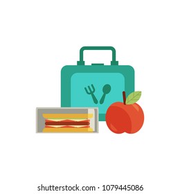 Lunchbox with cheese sandwich, tomato slices, apple fruit drink in bottle, schoolbag for school day. Dinner lunch container with snacks, meals homemade food. Vector isolated illustration