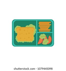 Lunchbox with cheese sandwich, tomato slices, potato chips for school or work. Dinner lunch container with snacks, meals homemade food. Vector isolated illustration