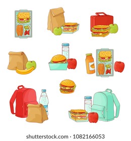 Lunchbox with cheese sandwich, tomato slices, potato chips, paper bag, schoolbag for school or work set. Dinner lunch container with snacks, meals homemade food. Vector isolated sketch illustration