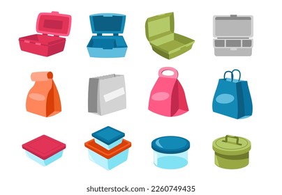 Colección Lunchbox. Contenedores de dibujos animados, bolsas de papel desechables y almacenamiento de plástico para refrigerios comida saludable diaria, almuerzo para ir concepto. Ilustración de la colección de lunares vacía del conjunto de vectores