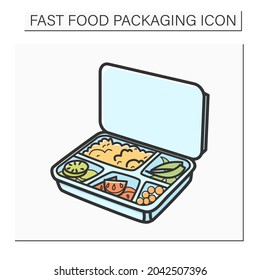  Lunchbox color icon.Container filled with rice,tomato,boiled egg and asparagus.Disposable box with healthy meal .Take away.Fast Food Packaging.Isolated vector illustration