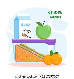 Lunchbox - Container With A Meal And Fruit, Sandwiches, Oranges, Apples And Milk. School Meal, Children's Health Lunch. Vector Flat Isolated Illustration. Colorful Appetizing Snack Food.