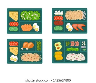 
lunchbox container with separate healthy food for a diet with vegetables and cheese noodles avocado tomato salmon meat and corn and lettuce