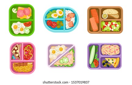 Lunchbox Containers Set With Bright Content. View From Above Lunch Concepts