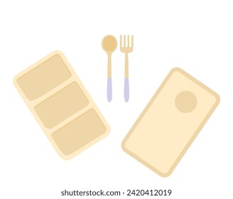 Lunchbox with cutlery. Tableware bento box. Plate with cutlery. Empty silicone dish with spoon and fork. Vector flat illustration.