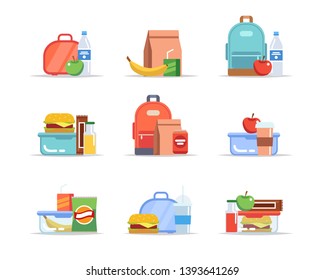 Lunchbox - different types of lunches, school meal and snack, children's lunch trays with fruits, hamburgers, water, juice, soda, chocolate. Vector illustration in flat style 