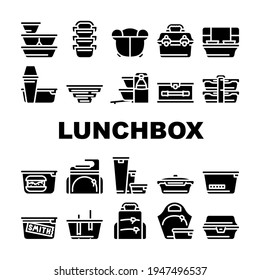 Lunchbox Dishware Collection Icons Set Vector. Backpack And For Women Lunchbox And Thermos, Vacuum And Folding, For Vintage And Sports Glyph Pictograms Black Illustrations
