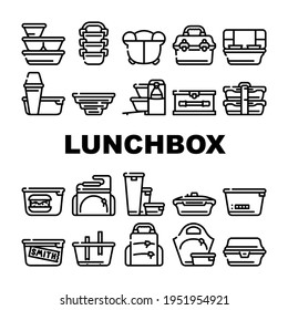 Lunchbox Dishware Collection Icons Set Vector. Backpack And For Women Lunchbox And Thermos, Vacuum And Folding, For Vintage And Sports Black Contour Illustrations