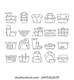 Lunchbox Dishware Collection Icons Set Vector. Backpack And For Women Lunchbox And Thermos, Vacuum And Folding, For Vintage And Sports Black Contour Illustrations