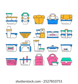 Lunchbox Dishware Collection Icons Set Vector. Rucksack und für Frauen Lunchbox und Thermoskanne, Vakuum und Falten, für Vintage und Sport Farbkontur Illustrationen