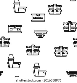 Lunchbox Dishware Vector Seamless Pattern Thin Line Illustration