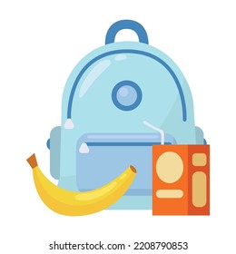 Lunchbox with food in backpacks for kids on white background. Lunch time in school, food boxes, picnic concept. School lunch box for children vector illustration