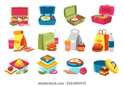 Lunchbox food. Containers with homemade snack, vegetables and fruits cartoon style, colorful healthy meal zero waste concept. Vector flat collection of lunch box homemade