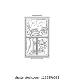 Lunchbox with food for lunch inside - sandwich and vegetables in plastic container isolated on white background. Hand drawn vector illustration of food in box for school or work break.