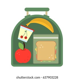 Lunchbox with food. Meal, apple and sandwich. Healthy cartoon vector illustration