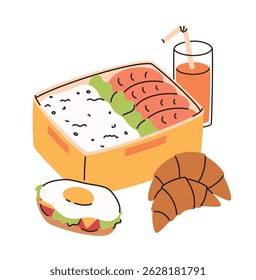 Lunchbox with healthy food and drinks. Rice, croissant, juice. Flat vector illustration.