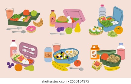 Lunchbox. Healthy products for fast snacking containers with food fruits and sandwiches recent vector stylized illustrations