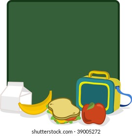 lunchbox and healthy snack with blackboard sign