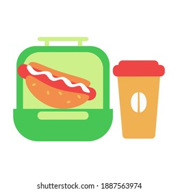 Lunchbox with hot dog and coffee flat icon Vector illustration