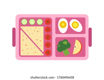 Lunchbox icon. Flat illustration of lunch in a box.
Lunch box with healthy food, diet food from vegetables. Colored containers prepare food. Icons. School lunch for the girl, pink color.