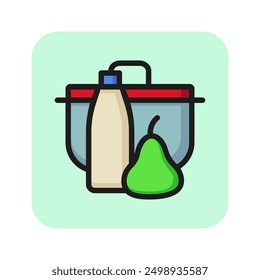 Icono de línea de la lonchera. Pera, botella, fruta, bebida. Concepto de lonchera. Se puede utilizar para temas como bocadillos, desayuno, alimentos orgánicos