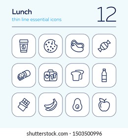 Lunchbox line icon set. Takeaway coffee, bread, fruit, bottle. Food concept. Can be used for topics like lunch, picnic, snack