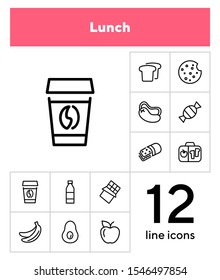 Lunchbox line icon set. Takeaway coffee, bread, fruit, bottle. Food concept. Can be used for topics like lunch, picnic, snack