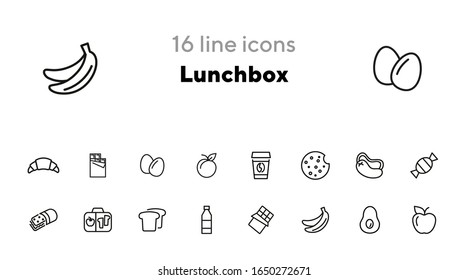 Lunchbox line icon set. Takeaway coffee, bread, fruit, bottle. Food concept. Can be used for topics like lunch, picnic, snack
