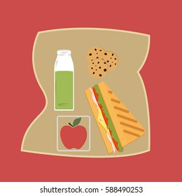 Lunchbox with lunch apple YegYeYos and sandwich package - vector
