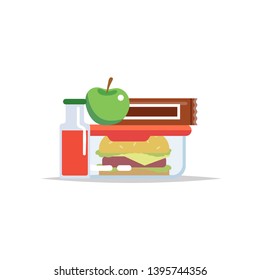 Lunchbox - meal container with hamburger, apple, chocolate bar and a juice. School meal, children's lunch. Vector illustration in flat style, isolated on white background 