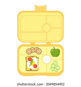 Lunchbox - meal container with sandwich, apple, sauce,pear,cookies.School meal, children's lunch. Healthy meals storage.Vector illustration in flat style, isolated on white background