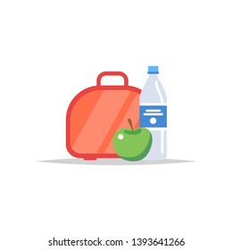 Lunchbox - meal container with water, and an apple. School meal, children's lunch. Vector illustration in flat style, isolated on white background 