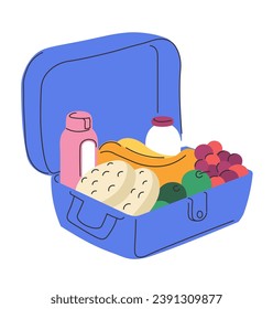 Lunchbox with organic and healthy ingredients for eating. Isolated box with milk and rice wafers, grapes and banana, olives berries. Tasty and nutritious food for day. Vector in flat styles