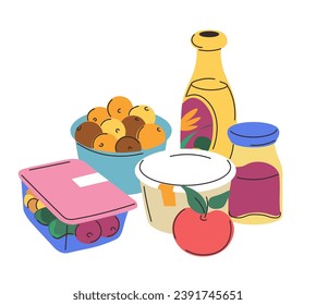Lunchbox with organic meal products, isolated tasty box with grapes and peaches. Sauces and porridge, ripe apple. Vegetables and fruits for healthy eating and balanced dieting. Vector in flat style