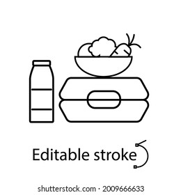 Lunchbox with plate and bottle outline icon. School meal concept. Editable stroke. Isolated vector stock illustration