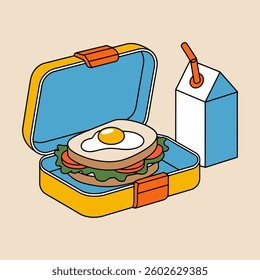 Lunchbox with Sandwich and Milk Cartoon Illustration	