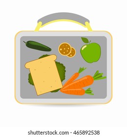 Lunchbox With School Lunch: Sandwich, Carrots, Apple, Cucumber, Cookies. Vector Illustration