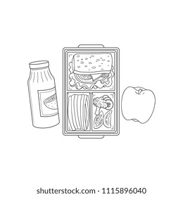Lunchbox with school or work lunch. Sandwich with vegetables in plastic container and apple with orange juice in sketch style isolated on white background, hand drawn vector illustration.