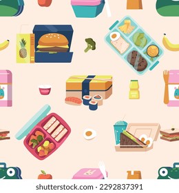 Lunchbox Seamless Pattern Featuring Colorful Assortment Of Lunchboxes In Various Sizes And Styles, Repeating Ornament