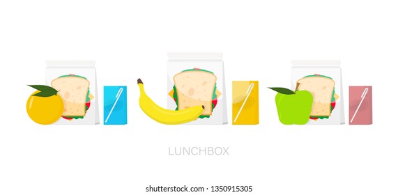Lunchbox set. Box with food. Lunch box with apple and orange, banana. Vector