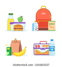 Lunchbox set. Different types of lunches, school meal and snack, children's lunch trays with hamburgers, fruit, water, juice packed in  children's container and bag. Vector illustration in flat style.