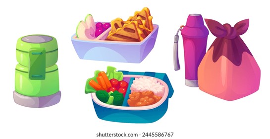 Lunchbox set isolated on white background. Vector cartoon illustration of fresh healthy food in plastic containers, vacuum flasks with drinks, vegetable salad, fruits, sandwich packed for school lunch