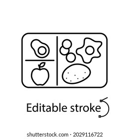 Lunchbox with vegetables and fruits outline icon. Egg and potato. Avocado and apple. School meal concept. Customizable linear contour symbol. Editable stroke. Isolated vector stock illustration