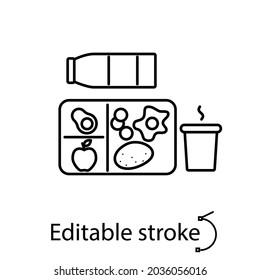 Lunchbox with vegetables and fruits outline icon. Tea and milk bottle. Egg and potato. Avocado and apple. School meal concept. Editable stroke. Isolated vector stock illustration