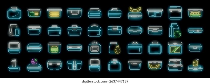 Lunchboxes icons set, outline style, lunch and food containers glowing neon colors on black